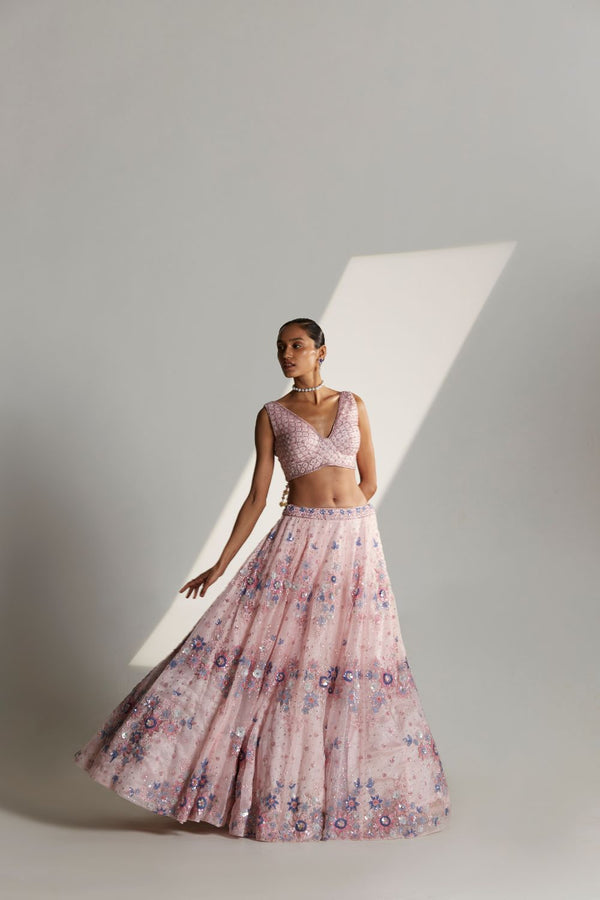 Pink Organza Floral Lehenga Set