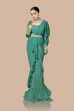 Drape Saree With Ruffles Paired With Blouse And Waist Belt
