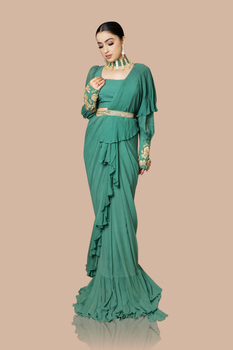 Drape Saree With Ruffles Paired With Blouse And Waist Belt