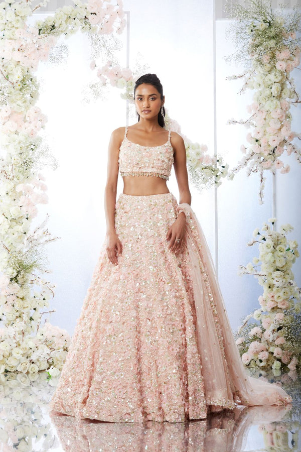 Rose Pink Three-Dimensional Floral Lehenga Set