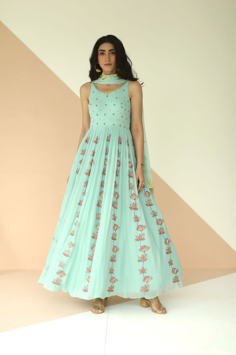 MINT BLUE FULL KALI ANARKALI WITH CUTWORK BORDER DUPATTA