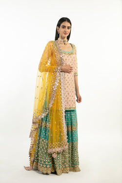 Yellow, Peach and Turquise Embellished Sharara Set