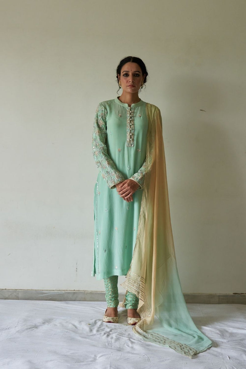 Pista kurta sleeved embroidery, Chudhidar set and Dupatta