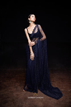 Midnight blue net saree with crystal work