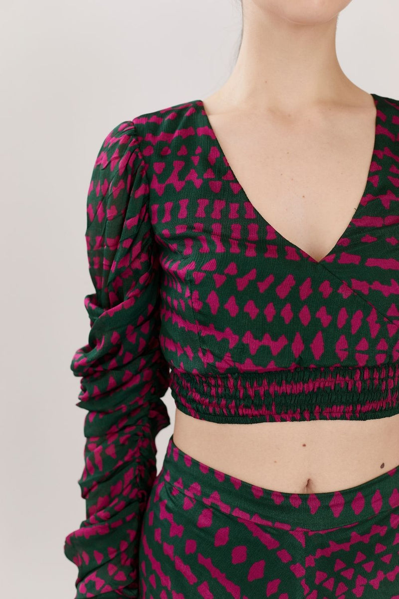 DARK GREEN AND PINK ABSTRACT WRAPE TOP