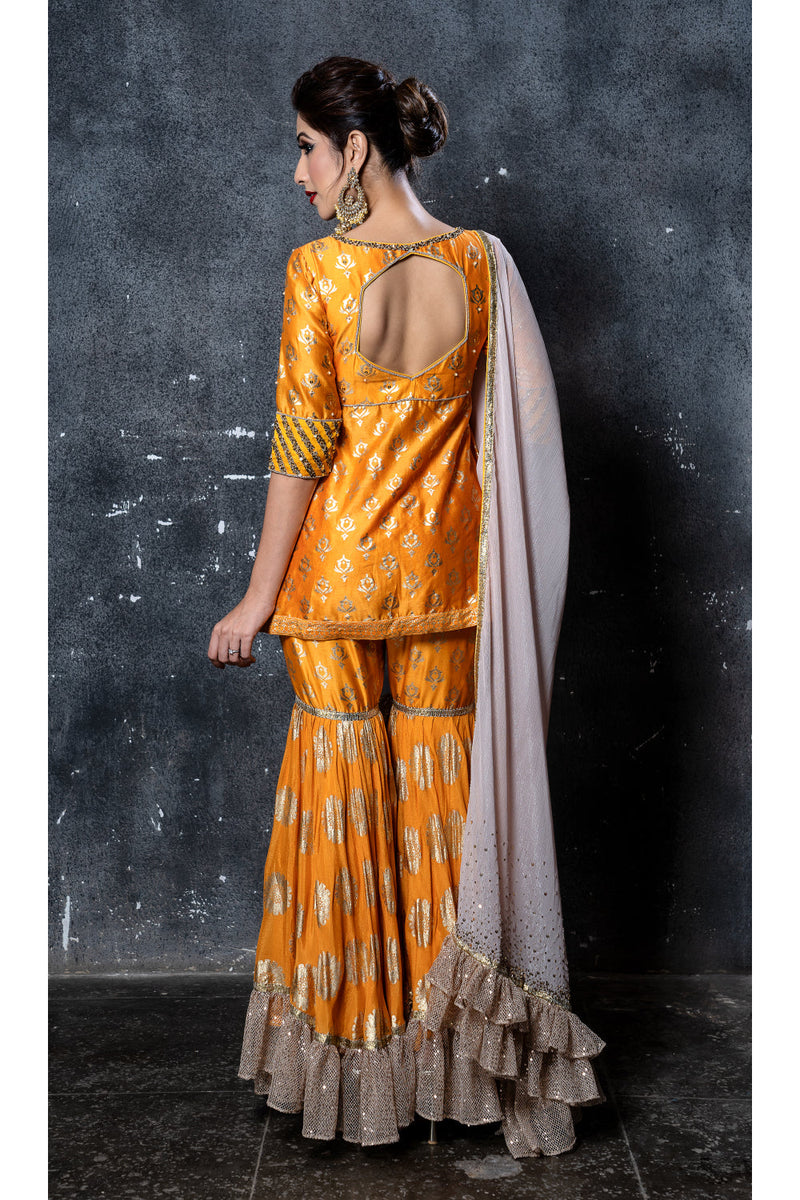 Mango foil print embroidered short kurta with gathered print sharara & gold ruffled embroidered dupatta