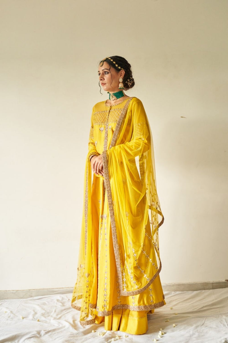 Yellow heavy jacket, skirt and dupatta set