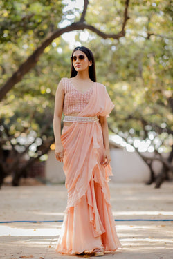 Peach Ruffle Sari