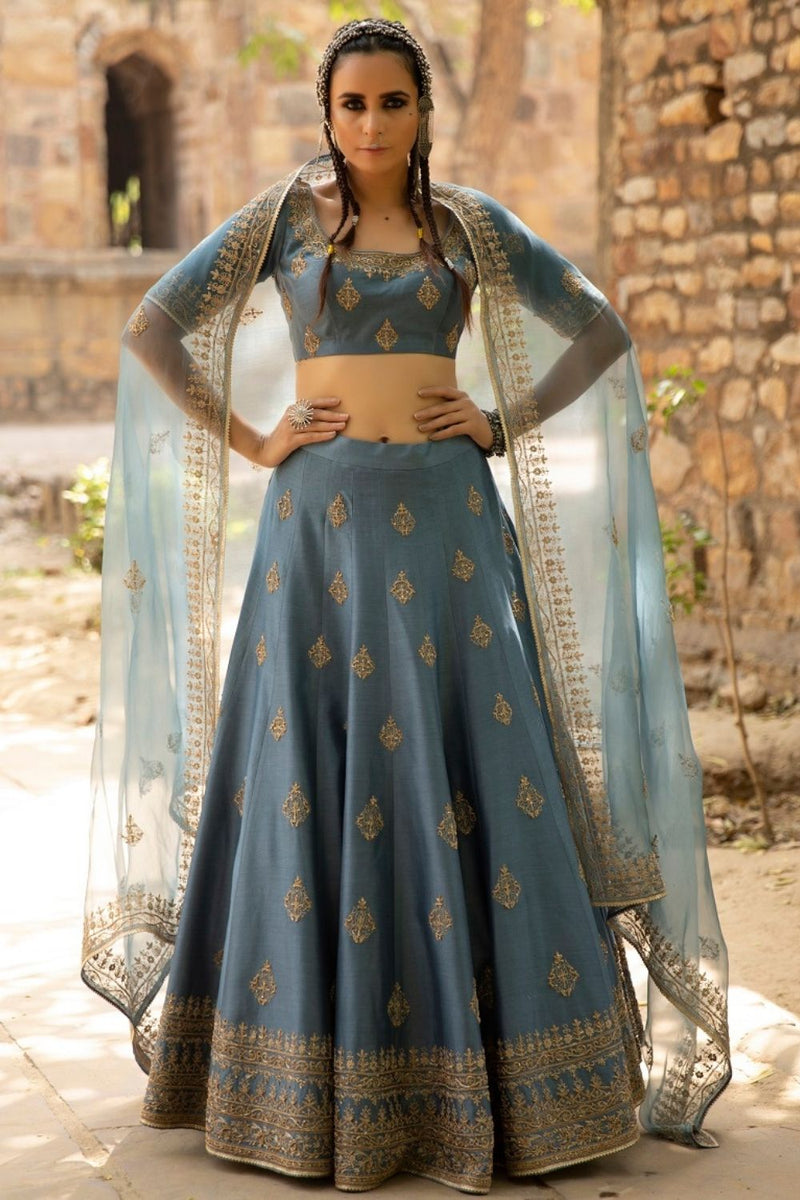 Dusty blue embroidered lehenga set