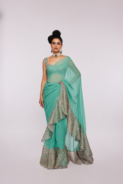 Sea green Divergence Animal printed and embellished  organza ruffle saree and blouse