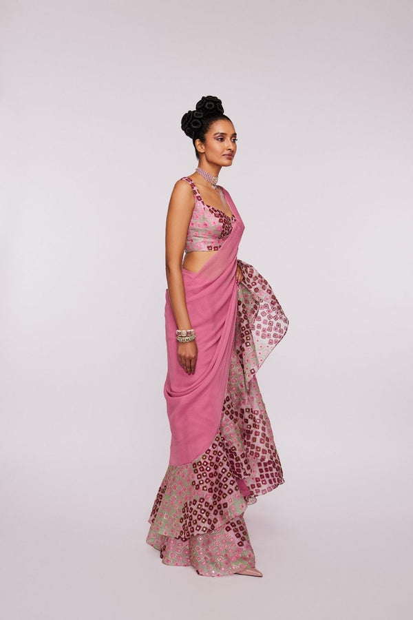 Pink Divergence Eye printed and embellished  organza ruffle saree and blouse