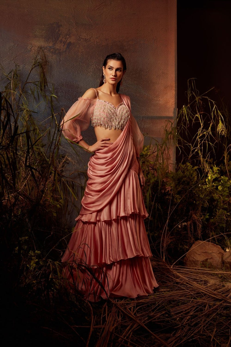 AKIRA Embroidered tassled blouse with ruffle layer lehenga set