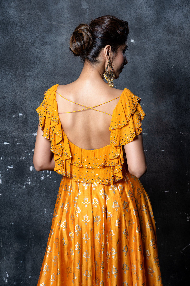 Mango foil print ruffled neckline embroidered anarkali with pants & gold embroidered dupatta