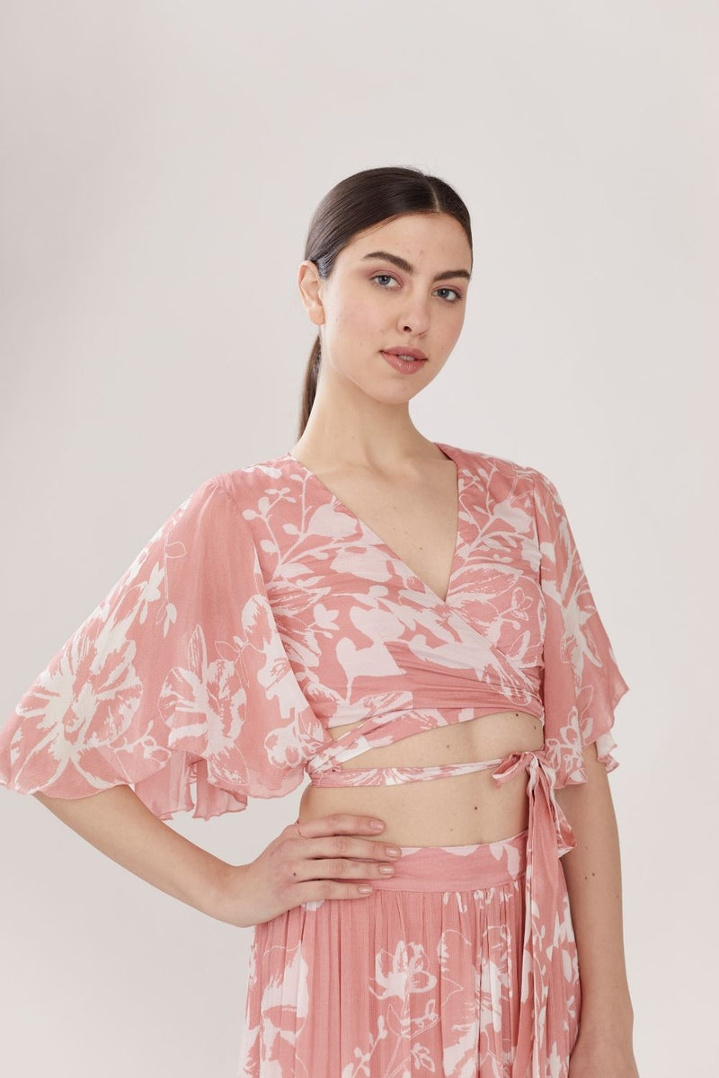 PINK AND WHITE FLORAL WRAPE TOP