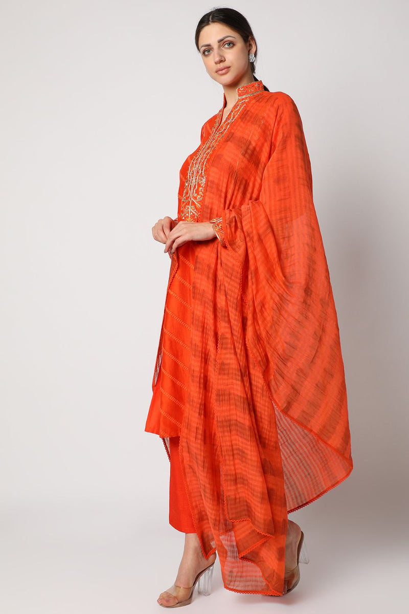 Orange Embroidered Long Kurta Set