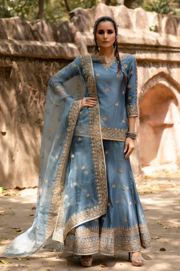 Dusty blue embroidered sharara set