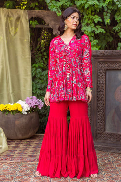 Red Printed Tunic With Sharara