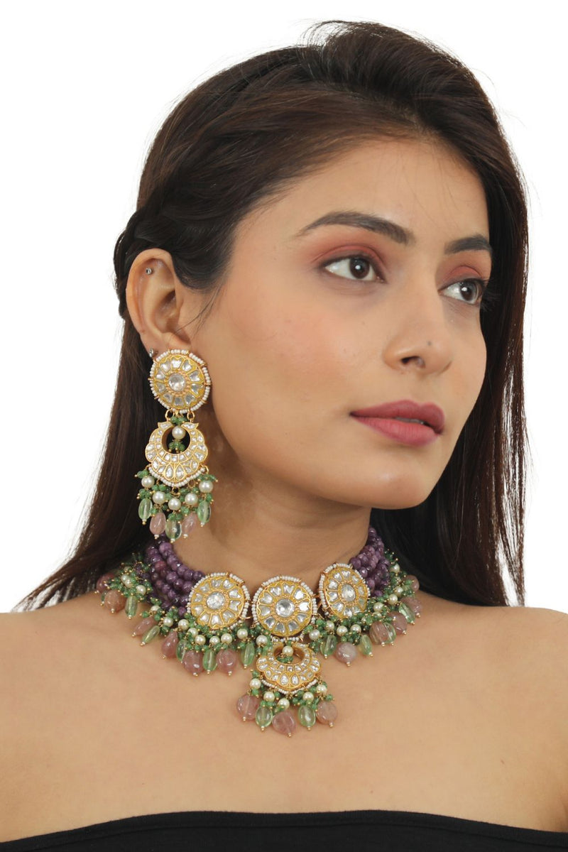 PURPLE MOTI LINE CHOKER SET BEADDED  SEA GREEN BEADS