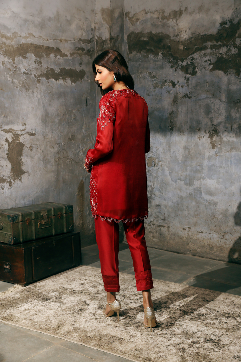 Red Organza Hand Embroidered tunic with pants set