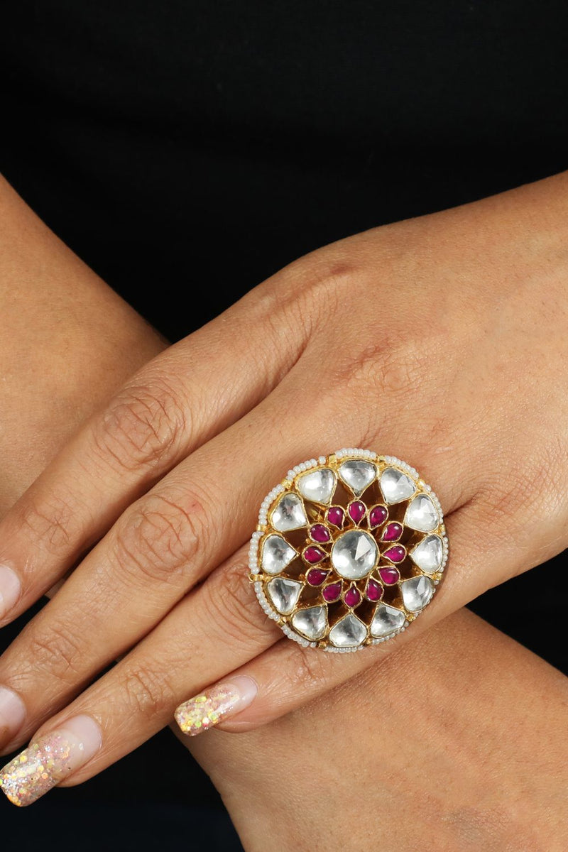 WHITE AND PINK STONE JADTAR RING