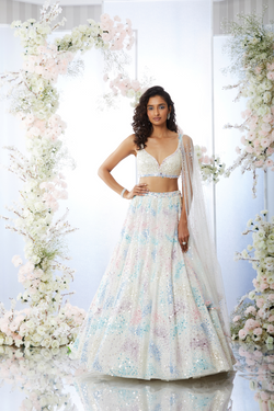 White Multi-coloured Sequin Lehenga Set