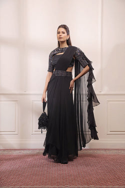 Black onyx drape saree with  embroidered cape