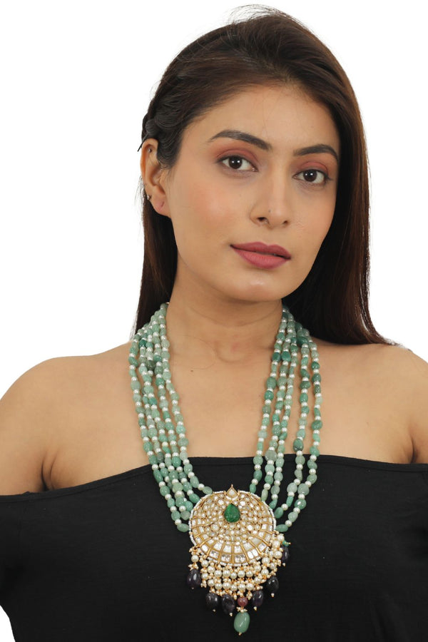 5 LINE SEA GREEN MAALA NECKLACE WITH  BIG PENDANT HANGING