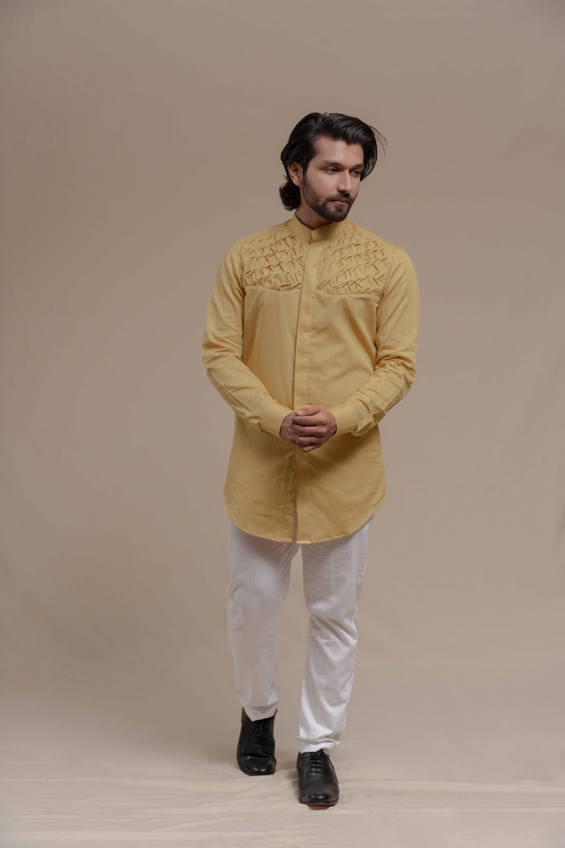 CREAM SMOCKING SHORT KURTA/TUXEDO SHIRT