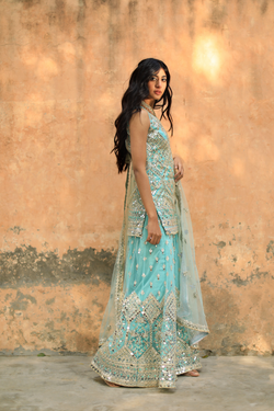 Ice Blue Net Sharara Set