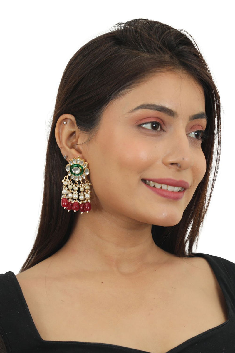 RED BEADS WITH GREEN MEENAKARI WHITE JADTAR  CHOKER SET