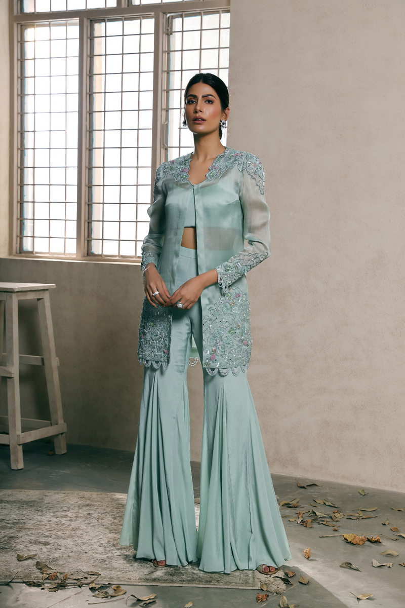 Mint Organza Hand Embroidered Jacket with Bell Bottom Sharara Set