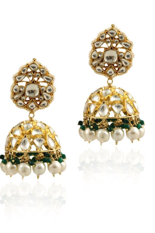 GREEN HANGINGS WITH WHITE PEARL JHUMKI