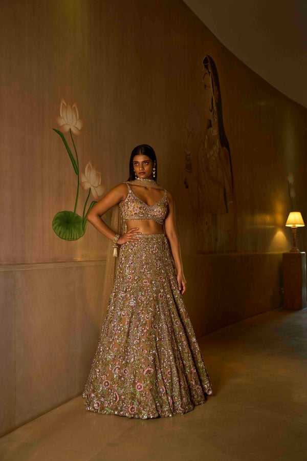 Three-Dimensional Light Coffee Floral Lehenga Set