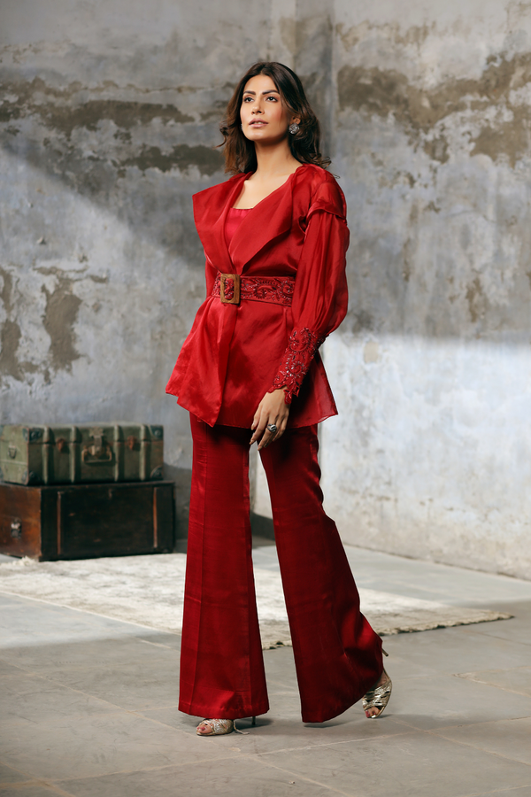 Red Organza Jacket with hand Emroidered Belt and Bell bottom Pants set