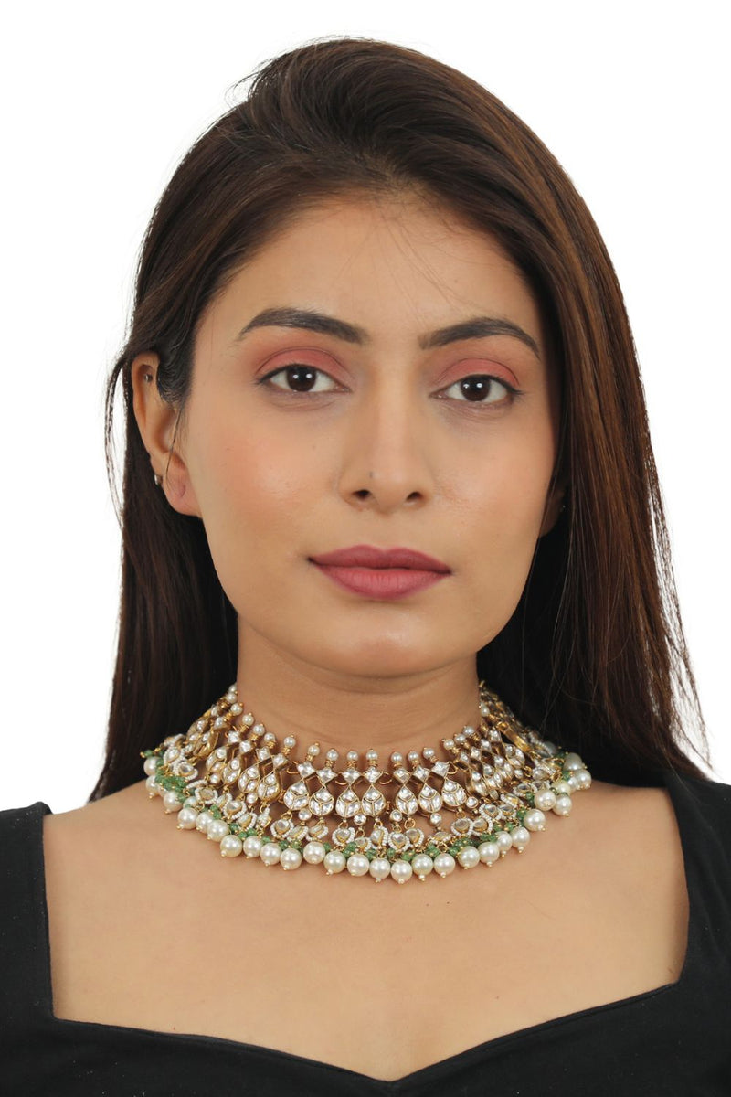 WHITE STONE NECKALCE WITH JHUMKI  SEA GREEN HANGINGS AND PEARL