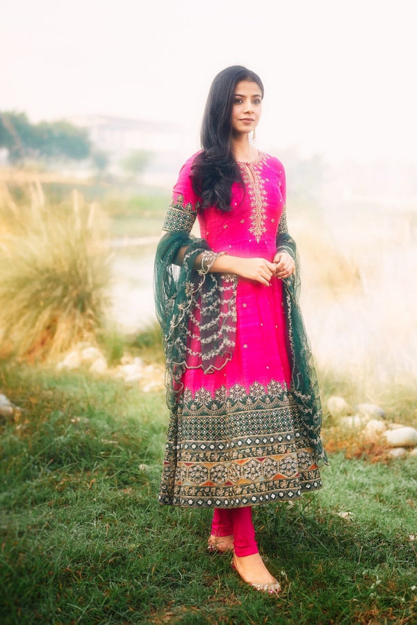 Hot Pink Anarkali with Green Duppata