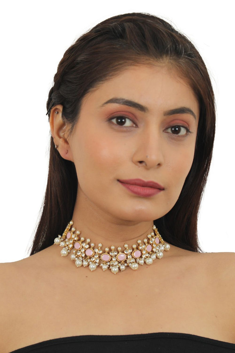 LIGHT PINK CHOKER SET WITH WHITE PEARL