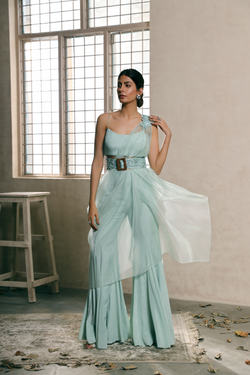 Pastel Mint Embroidered shoulder blade cape with flare cut pants set