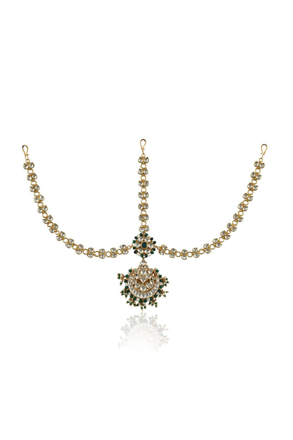 JADTAR CHAIN MATHAPATTI WITH PEARLS AND EMERALD GREEN BEADS