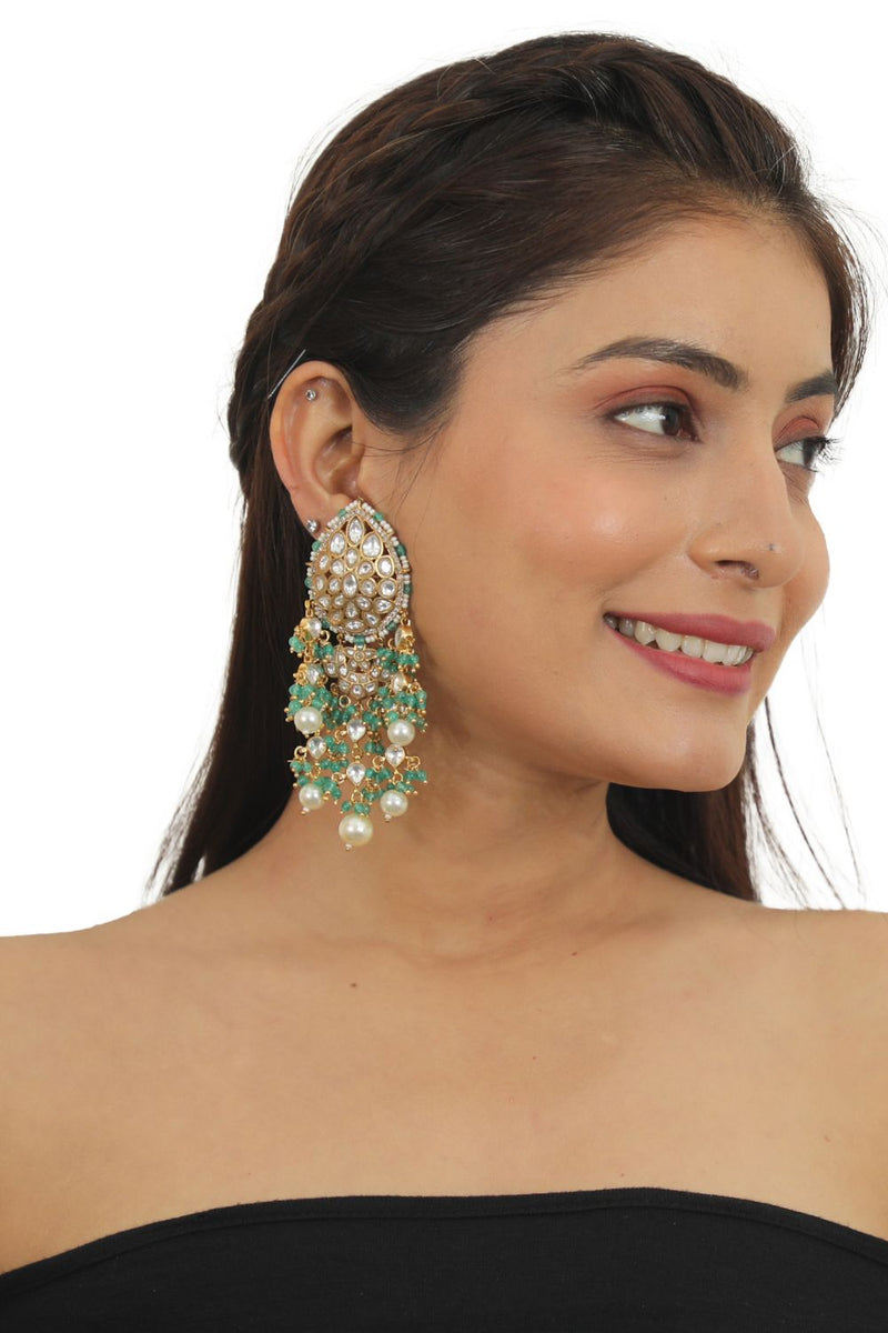 WHITE EARRINGS WITH WHITE PAERL AND SEA GREEN HANGINGS