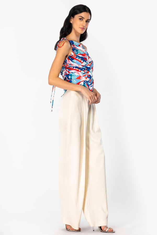 SATIN PRINTED OFF SHOULDER ROOSHED TOP WITH DUST SATIN PANTS