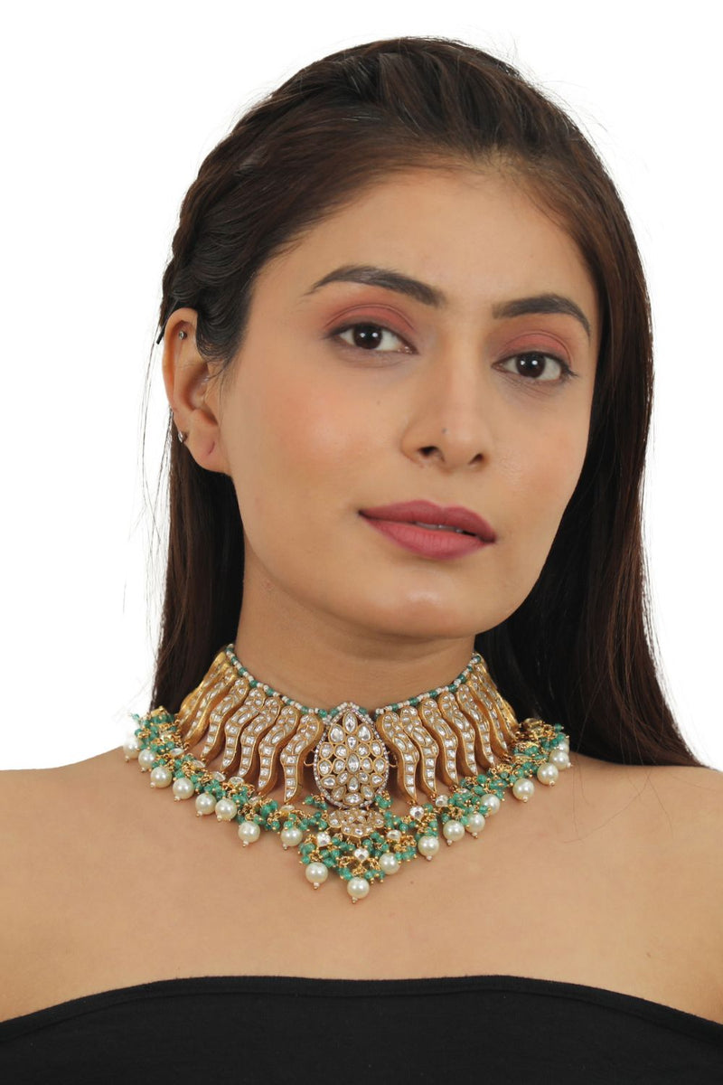 FESTIVE WEAR NECKLACE SET IN 22KT GOLD PLATING, CARVED UNIQUELY WITH SEA GREEN BEADS AND PEARLS