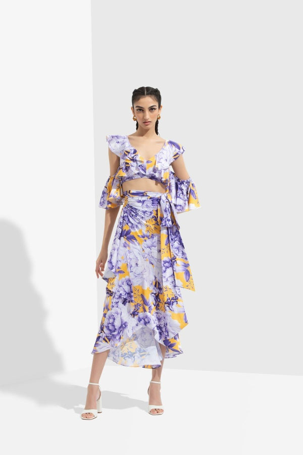 Sumire printed butterfly bustier paired with wrap skirt