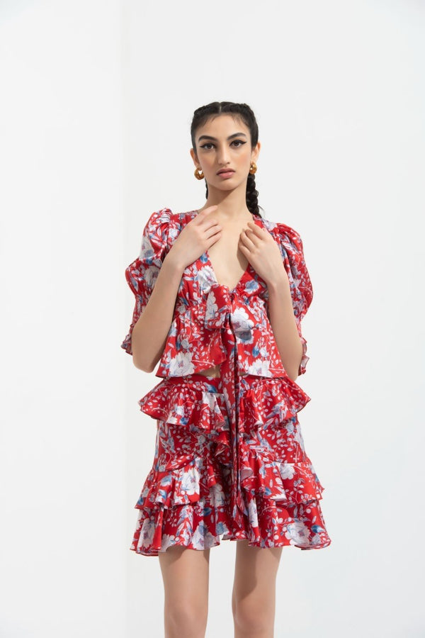 Ajisia printed front tie up top with smocking cuff detail, paired with printed skirt