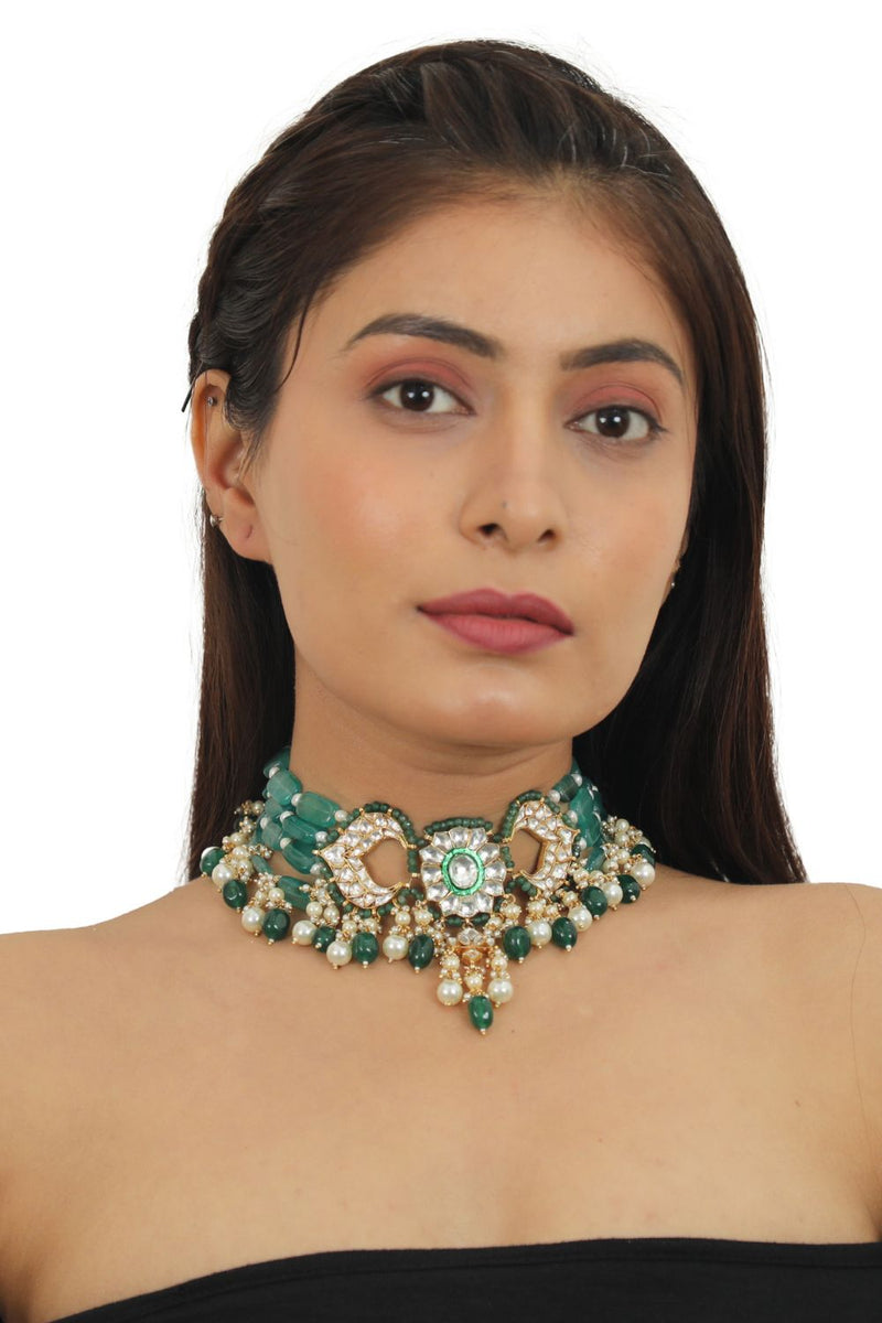 GREEN CHOKER NECKLACE SET WITH CHAND DESIGN IN 22KT GOLD PLATING