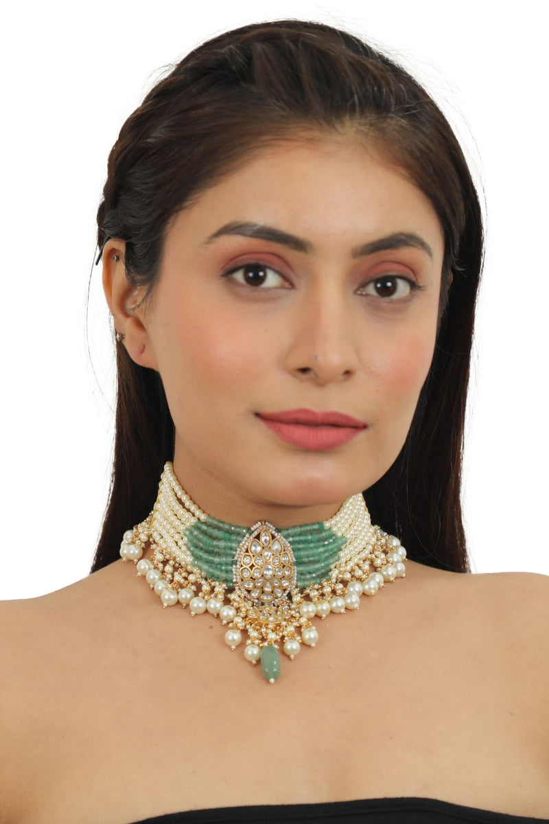 A 22KT GOLD PLATED CHOKER WITH ITS UNIQUE SHAPE IN SEA GREEN AND PEARLS