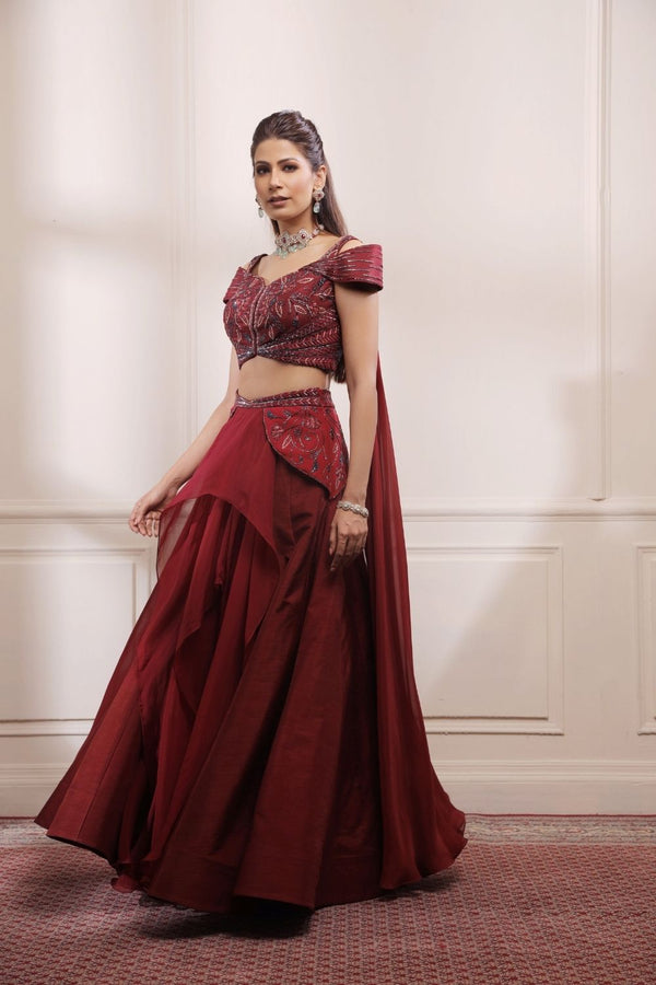 Ruby red cocktail lehenga set  with winged dupatta