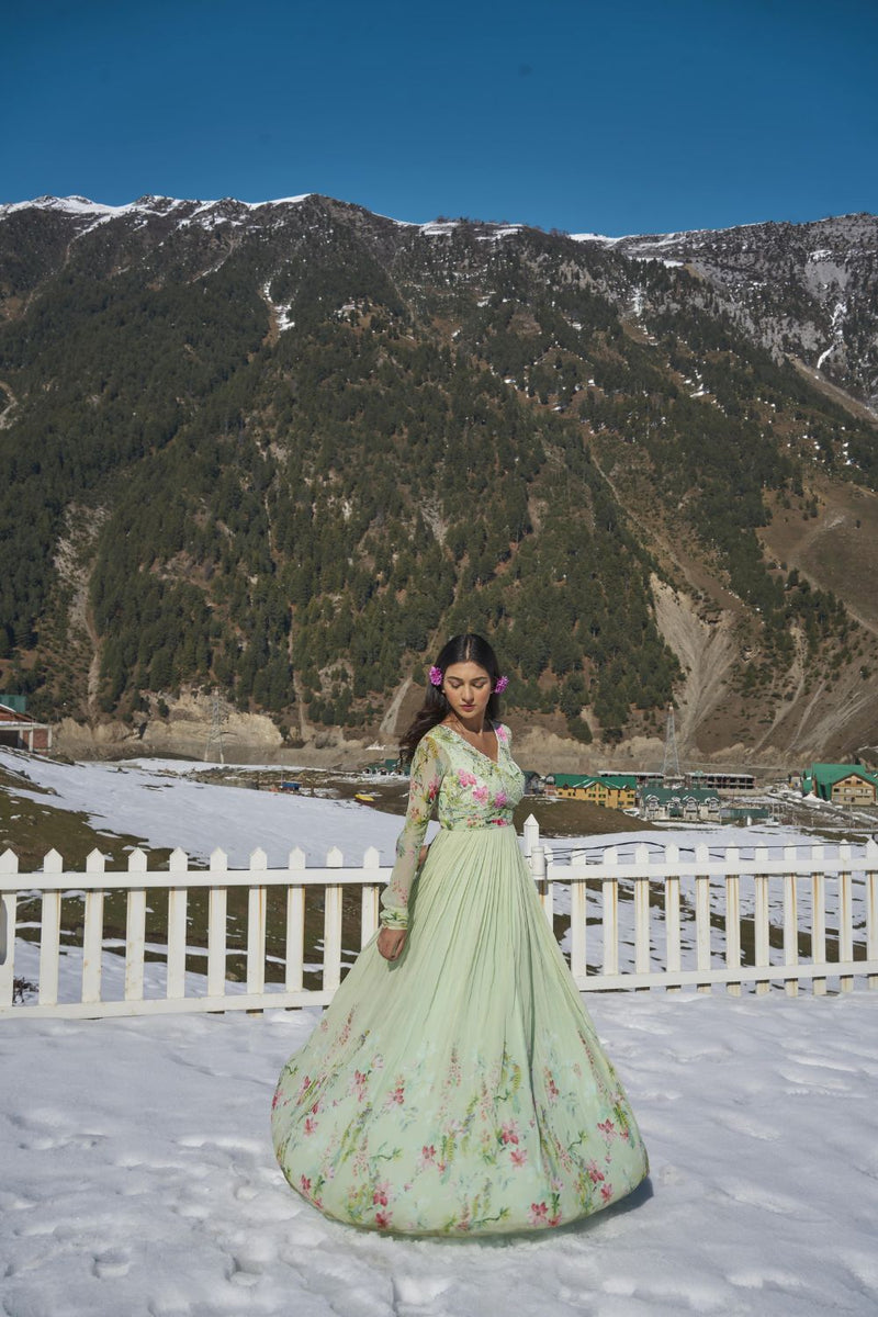 Elegant floral Mint Green georgette gown with intricate hand embroidery