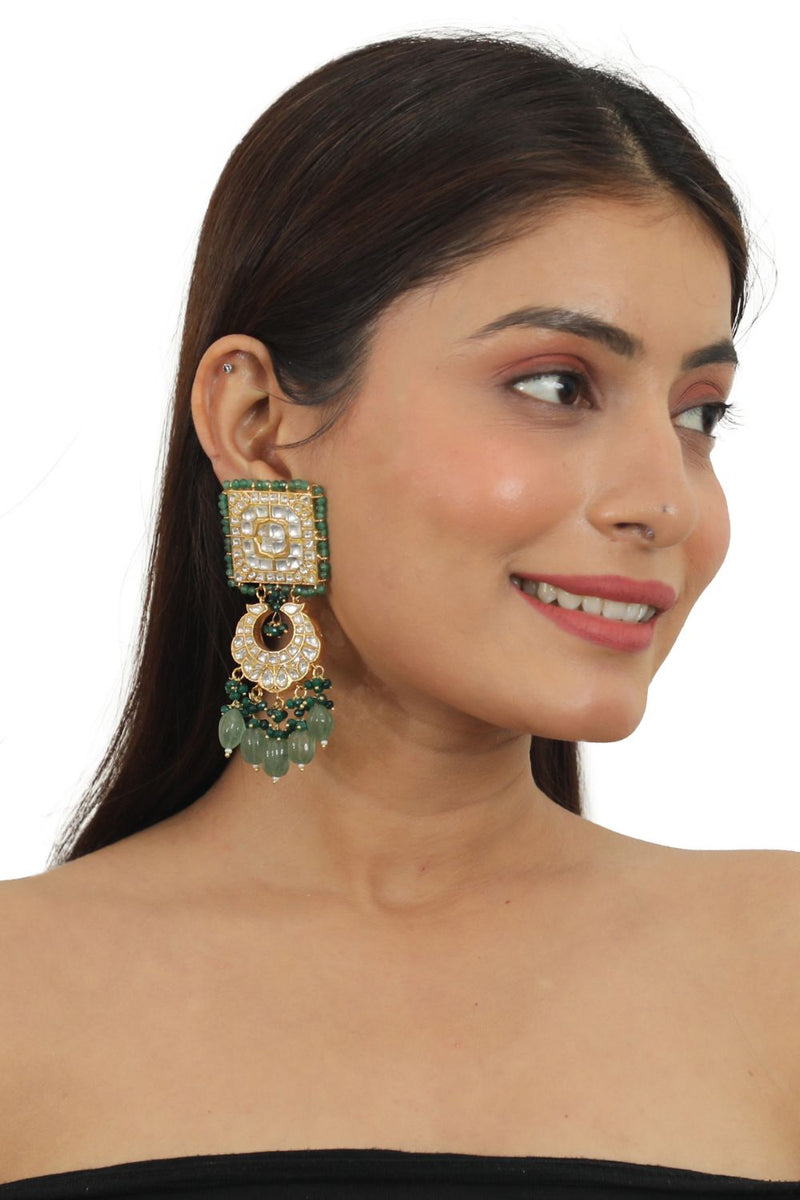 WHITE JADTAR STONE EARRINGS WITH GREEN MOTI WORK AND SEA GREEN BEADS