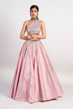 modern play of pastel pink lehenga